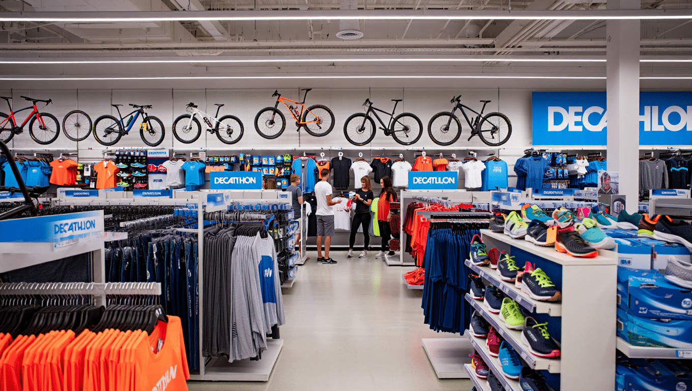 Intérieur d'un magasin Decathlon, enseigne fondée par Michel Leclercq