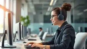 Téléopérateur avec casque dans un centre d’appels, illustration de la réforme du démarchage téléphonique