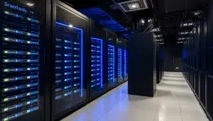 salle de serveurs d'un centre de données éclairée en bleu la nuit