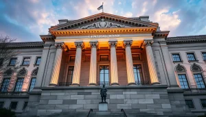 Façade d’une banque centrale symbolisant la décision de taux d’intérêt de la Réserve fédérale