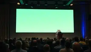 Salle de conférence remplie de dirigeants d’entreprise face à une tribune
