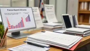 Documents budgétaires sur un bureau ministériel, illustrant la surtaxe sur les bénéfices des grandes entreprises