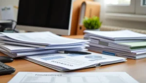 Documents budgétaires posés sur un bureau du ministère des Finances