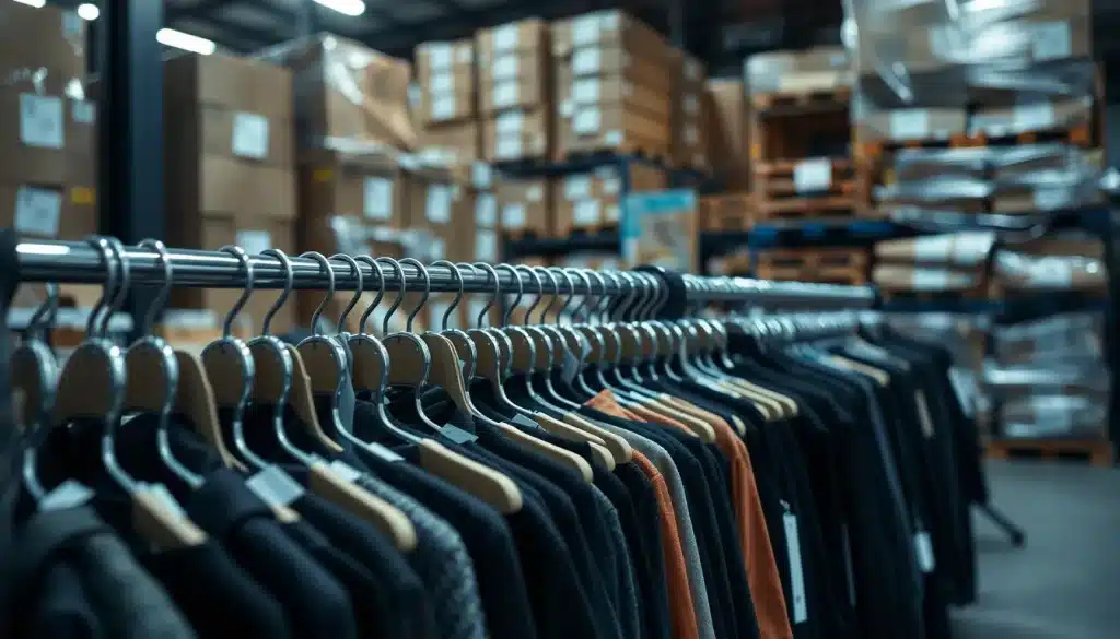 Malus ultra fast fashion : vêtements étiquetés dans un entrepôt logistique