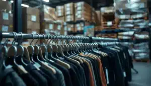 Malus ultra fast fashion : vêtements étiquetés dans un entrepôt logistique