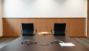 Salle de réunion vide avec deux chaises face à face et des documents sur la table