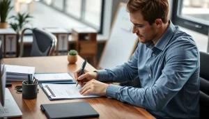 Entrepreneur remplissant les formalités de création d’entreprise à son bureau