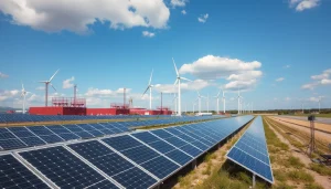 Panneaux solaires et éoliennes d’une centrale de production d’électricité