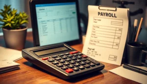 Calculatrice et bulletin de paie sur un bureau, calcul d’une hausse du Smic