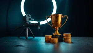 Top 10 des youtubeurs les plus riches de France : trophée doré et pièces dans un studio vidéo